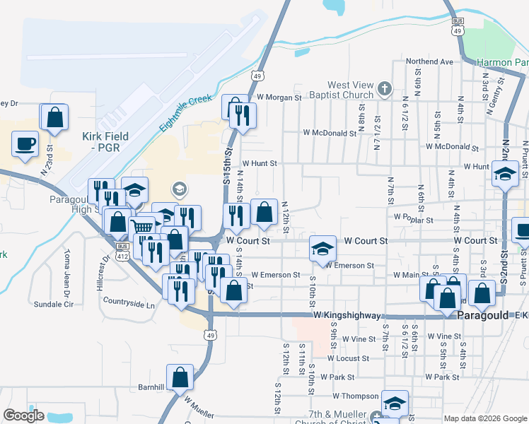 map of restaurants, bars, coffee shops, grocery stores, and more near 110 Yates Street in Paragould