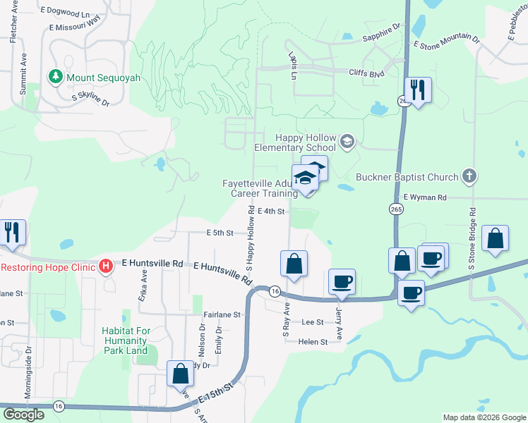 map of restaurants, bars, coffee shops, grocery stores, and more near 481 South Happy Hollow Road in Fayetteville