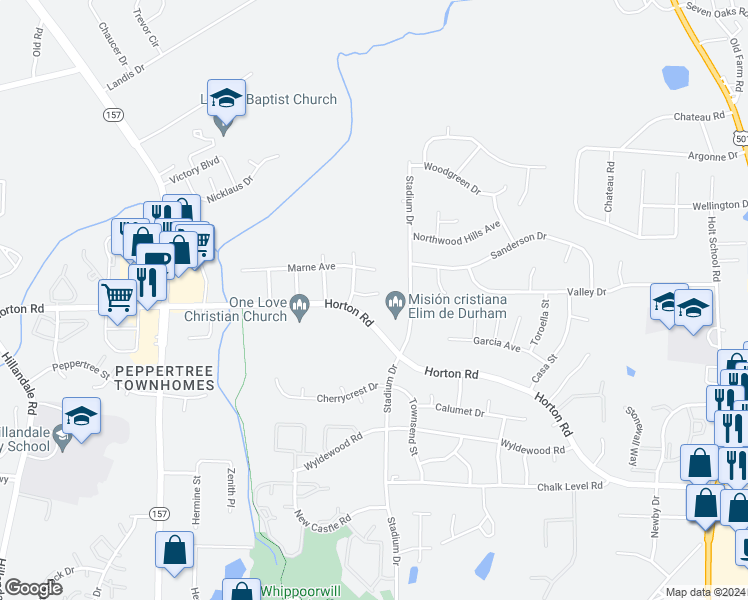 map of restaurants, bars, coffee shops, grocery stores, and more near 1209 Red Ash Circle in Durham