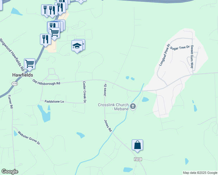 map of restaurants, bars, coffee shops, grocery stores, and more near 1618 Jones Drive in Mebane