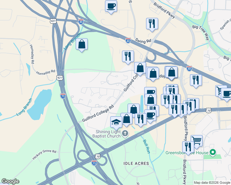 map of restaurants, bars, coffee shops, grocery stores, and more near in Greensboro