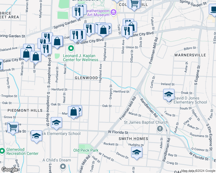 map of restaurants, bars, coffee shops, grocery stores, and more near 1018 Gregory Street in Greensboro