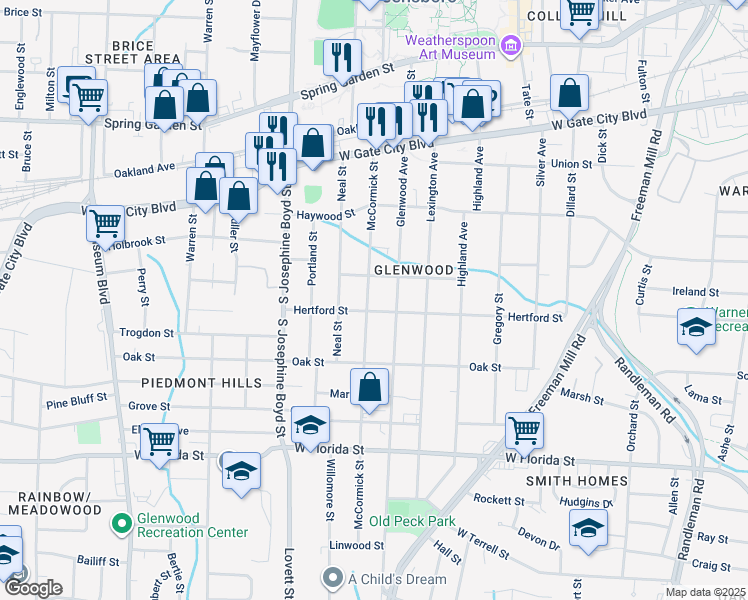 map of restaurants, bars, coffee shops, grocery stores, and more near 1011 McCormick Street in Greensboro