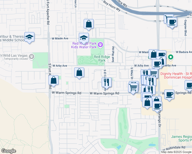 map of restaurants, bars, coffee shops, grocery stores, and more near 9050 West Warm Springs Road in Las Vegas