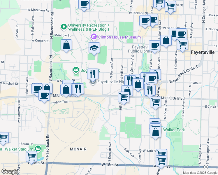 map of restaurants, bars, coffee shops, grocery stores, and more near 525 South Duncan Avenue in Fayetteville