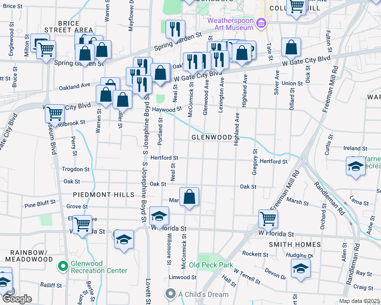 map of restaurants, bars, coffee shops, grocery stores, and more near 1011 McCormick Street in Greensboro