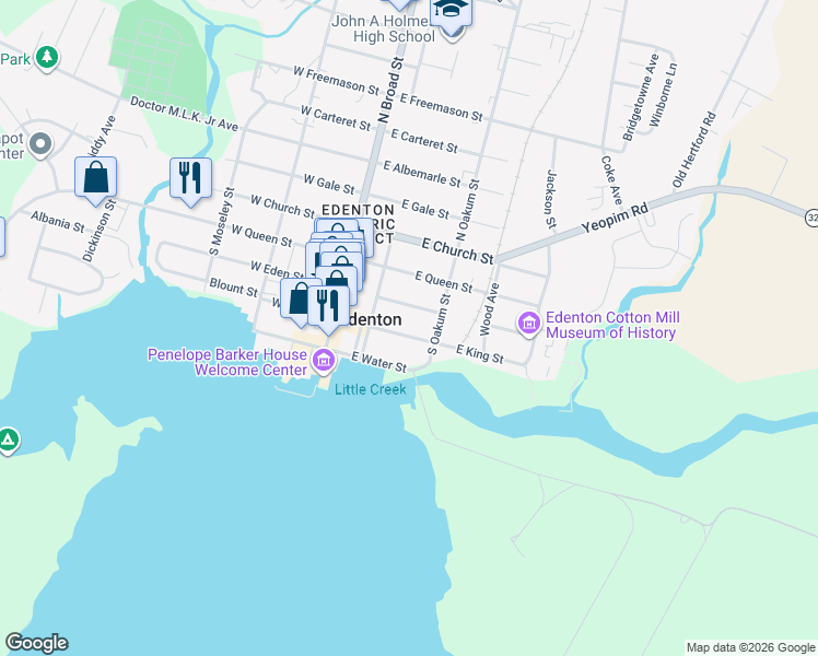 map of restaurants, bars, coffee shops, grocery stores, and more near 214 East King Street in Edenton