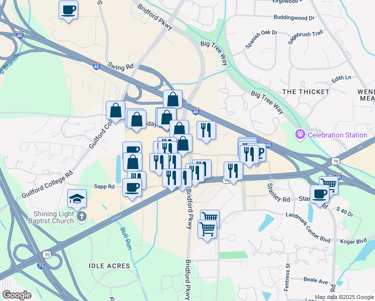 map of restaurants, bars, coffee shops, grocery stores, and more near 1214 Bridford Parkway in Greensboro