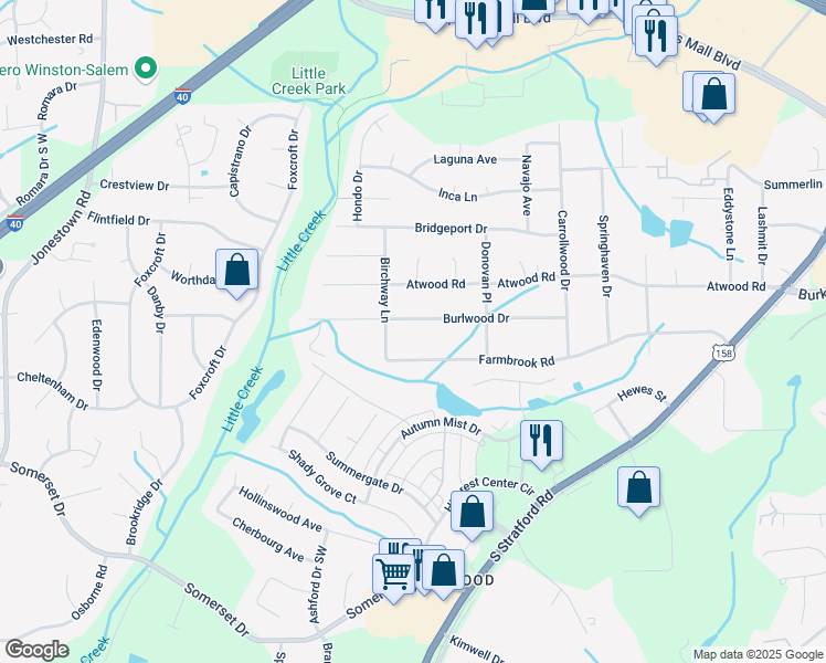 map of restaurants, bars, coffee shops, grocery stores, and more near 2865 Farmbrook Road in Winston-Salem