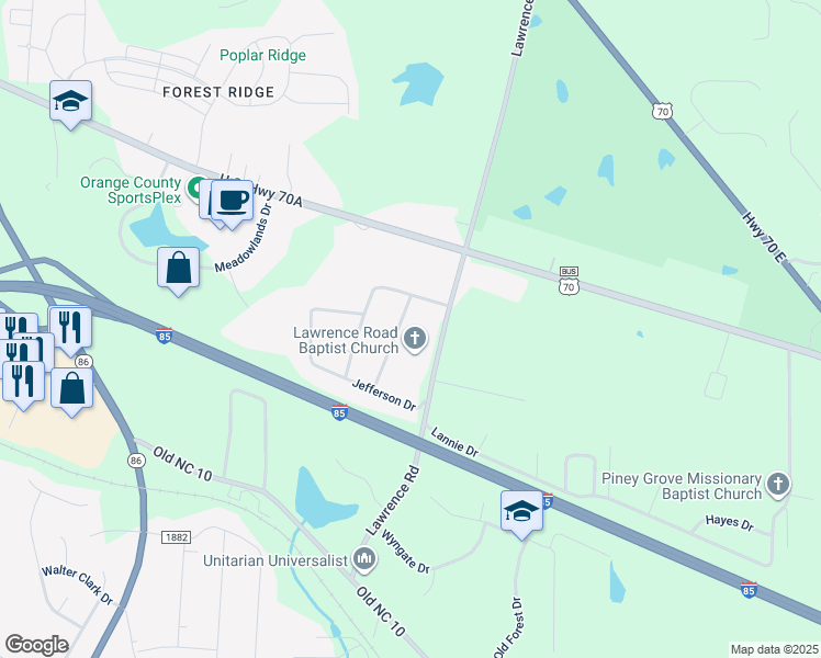 map of restaurants, bars, coffee shops, grocery stores, and more near 1901 Lawrence Road in Hillsborough