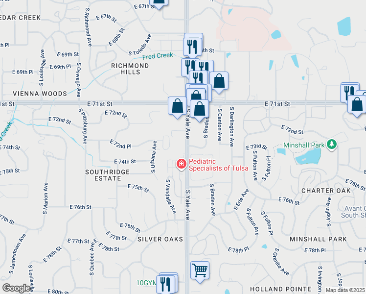 map of restaurants, bars, coffee shops, grocery stores, and more near 7220 South Yale Avenue in Tulsa
