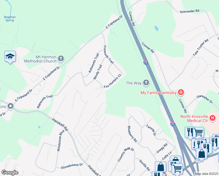 map of restaurants, bars, coffee shops, grocery stores, and more near 310 Fox Hunters Court in Powell