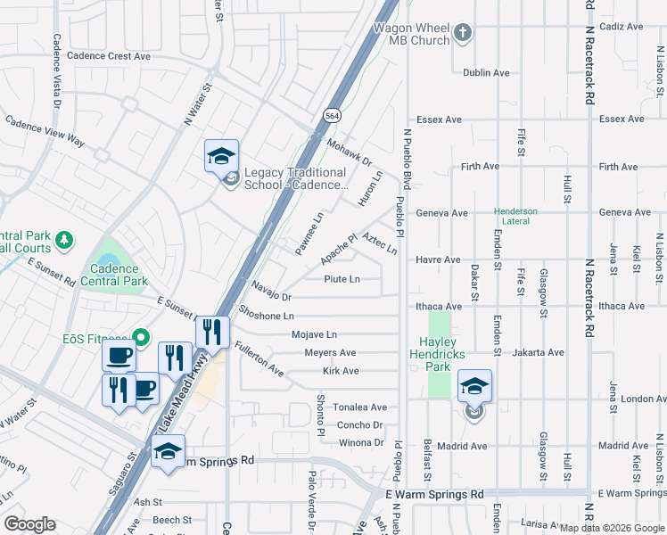 map of restaurants, bars, coffee shops, grocery stores, and more near 232 Piute Lane in Henderson