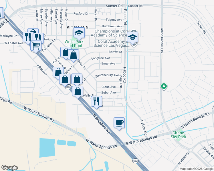 map of restaurants, bars, coffee shops, grocery stores, and more near 533 Zuber Avenue in Henderson