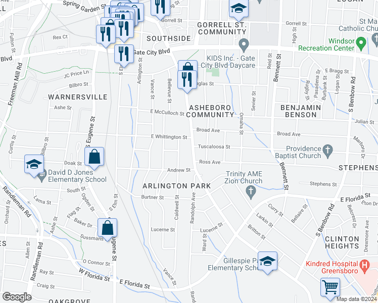 map of restaurants, bars, coffee shops, grocery stores, and more near in Greensboro