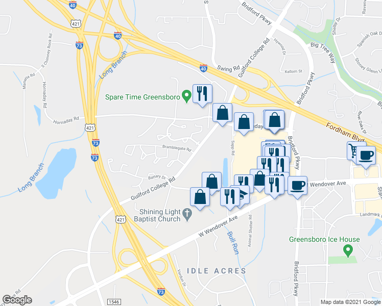 map of restaurants, bars, coffee shops, grocery stores, and more near 819 Guilford College Road in Greensboro