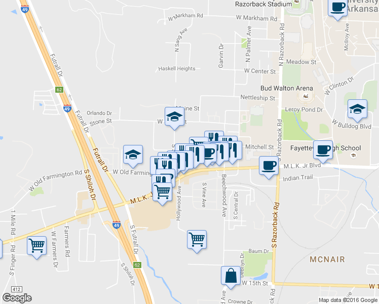 map of restaurants, bars, coffee shops, grocery stores, and more near 541 Gabbard Drive in Fayetteville