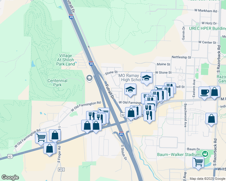 map of restaurants, bars, coffee shops, grocery stores, and more near in Fayetteville