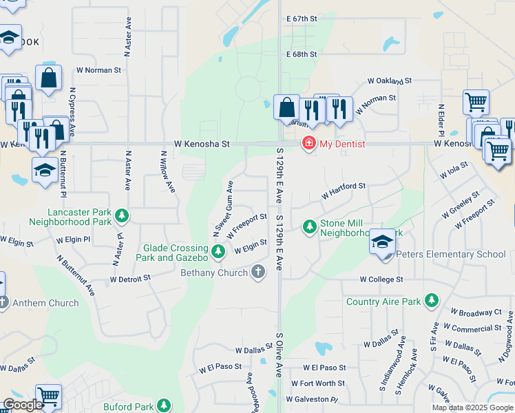 map of restaurants, bars, coffee shops, grocery stores, and more near 3717 West Freeport Street in Broken Arrow