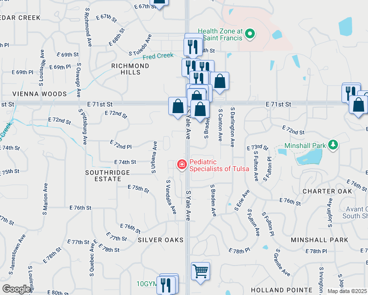 map of restaurants, bars, coffee shops, grocery stores, and more near 7304 South Yale Avenue in Tulsa