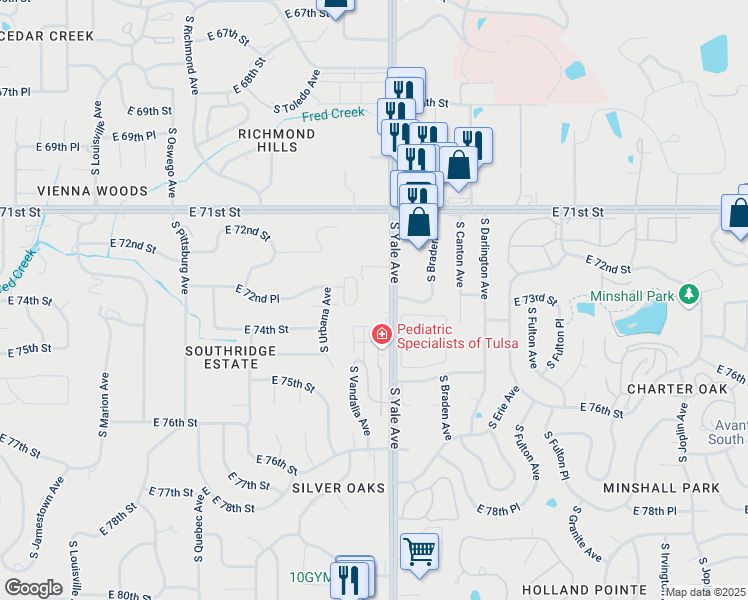 map of restaurants, bars, coffee shops, grocery stores, and more near 7302 South Yale Avenue in Tulsa