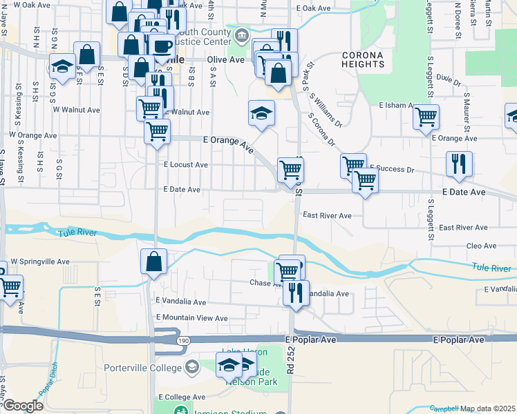 map of restaurants, bars, coffee shops, grocery stores, and more near 296 Tule Court in Porterville