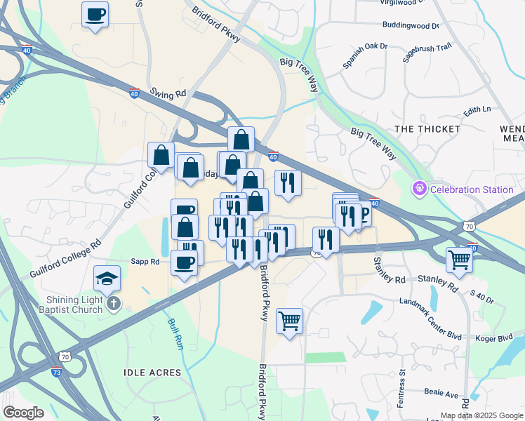 map of restaurants, bars, coffee shops, grocery stores, and more near in Greensboro