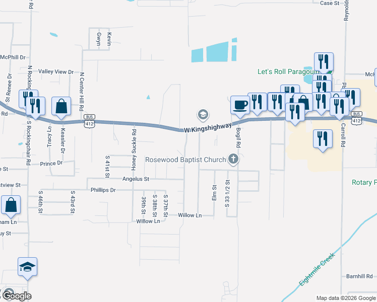 map of restaurants, bars, coffee shops, grocery stores, and more near 204 Rosewood Drive in Paragould
