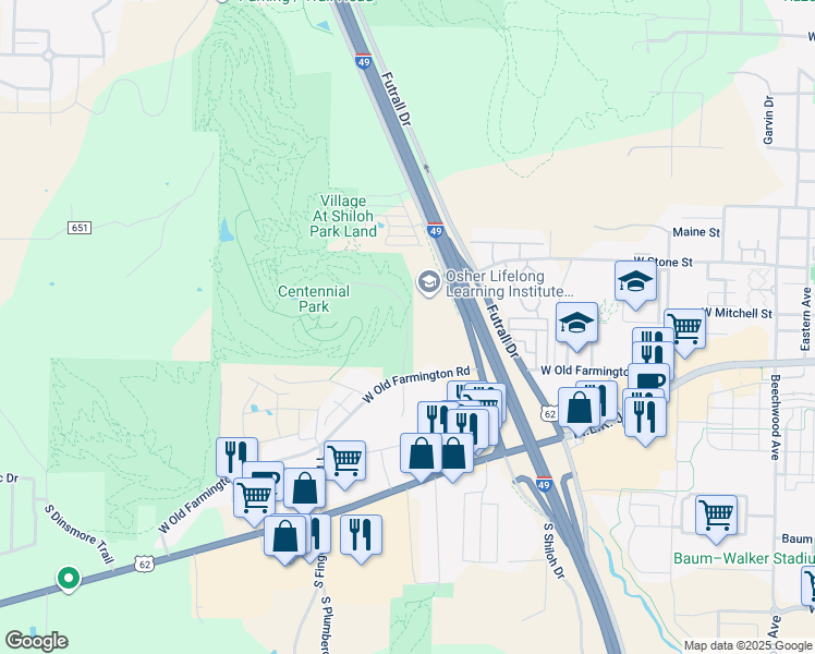 map of restaurants, bars, coffee shops, grocery stores, and more near South Centennial Park Lane in Fayetteville