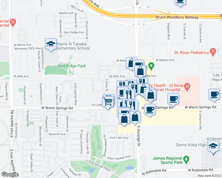 map of restaurants, bars, coffee shops, grocery stores, and more near 7135 South Durango Drive in Las Vegas