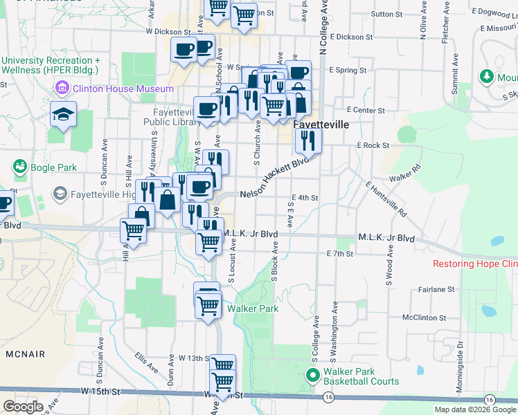 map of restaurants, bars, coffee shops, grocery stores, and more near 509 South Church Avenue in Fayetteville