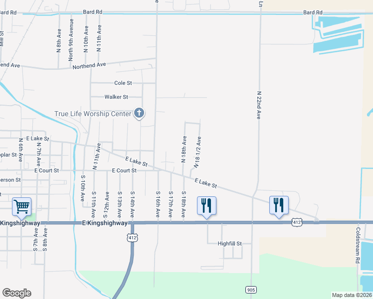 map of restaurants, bars, coffee shops, grocery stores, and more near 114 North 18 1/2 Avenue in Paragould