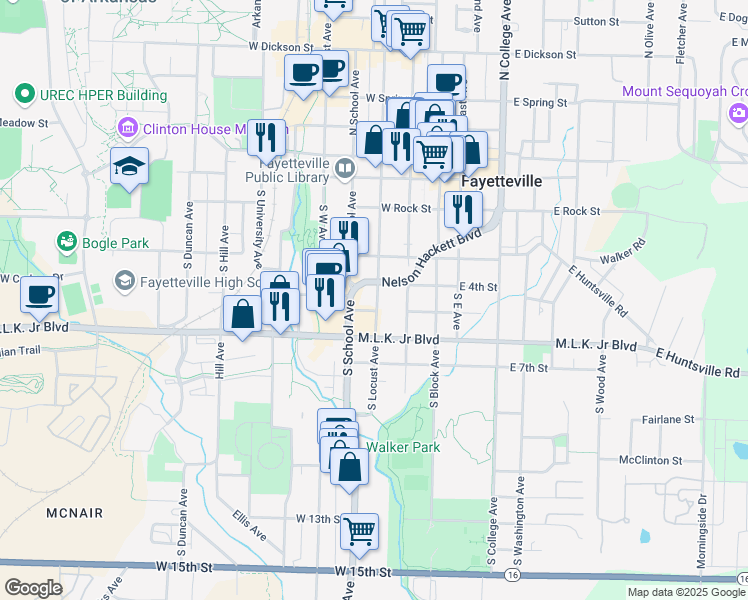 map of restaurants, bars, coffee shops, grocery stores, and more near 465 South Locust Avenue in Fayetteville