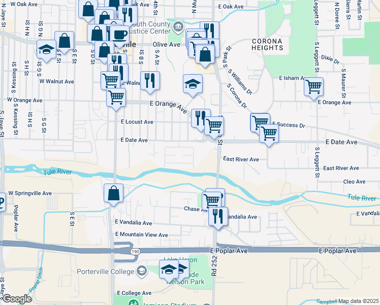 map of restaurants, bars, coffee shops, grocery stores, and more near 296 Tule Court in Porterville