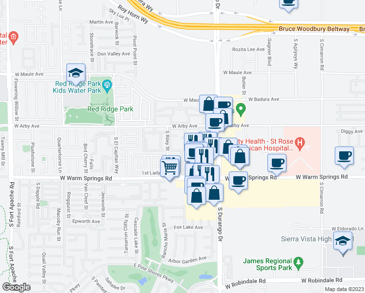 map of restaurants, bars, coffee shops, grocery stores, and more near 7139 South Durango Drive in Las Vegas