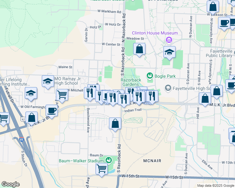 map of restaurants, bars, coffee shops, grocery stores, and more near 521 South Razorback Road in Fayetteville
