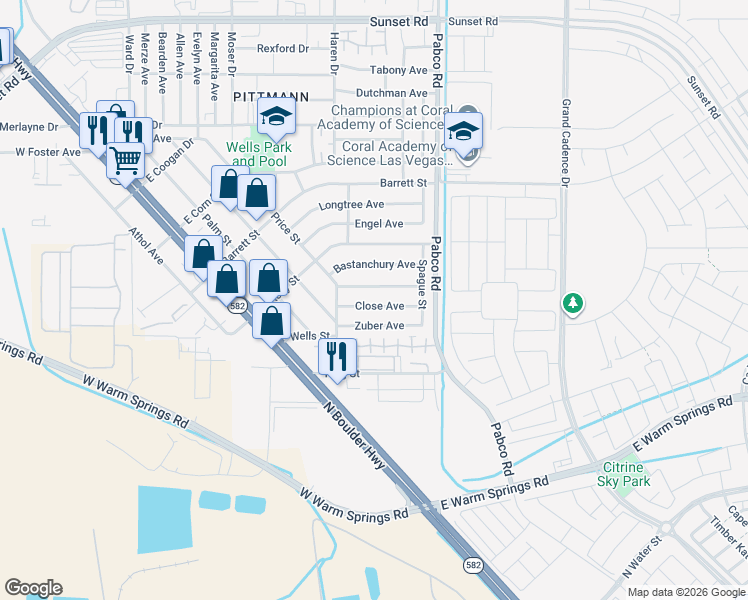 map of restaurants, bars, coffee shops, grocery stores, and more near 533 Zuber Avenue in Henderson