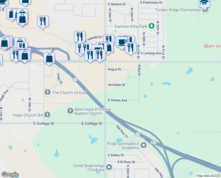 map of restaurants, bars, coffee shops, grocery stores, and more near 2002 Archdale Street in Broken Arrow