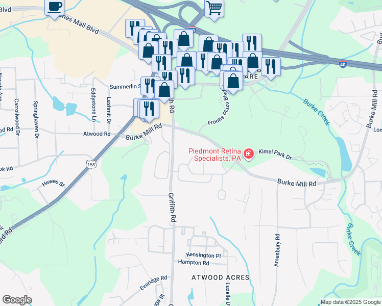 map of restaurants, bars, coffee shops, grocery stores, and more near 125 Fieldgate Forest Drive in Winston-Salem