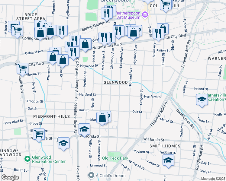 map of restaurants, bars, coffee shops, grocery stores, and more near in Greensboro