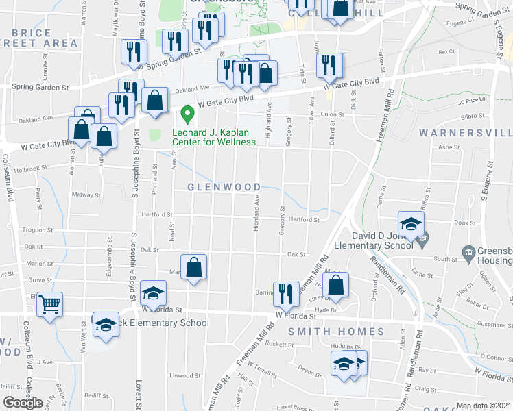 map of restaurants, bars, coffee shops, grocery stores, and more near 1007 Highland Avenue in Greensboro