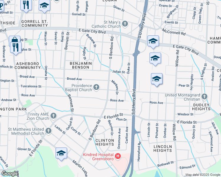 map of restaurants, bars, coffee shops, grocery stores, and more near 1307 South Benbow Road in Greensboro