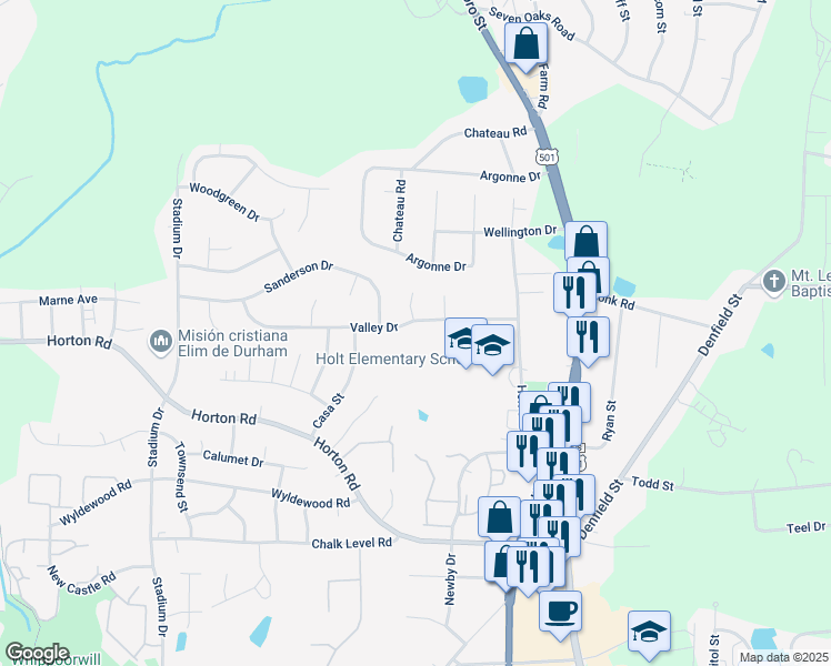 map of restaurants, bars, coffee shops, grocery stores, and more near 430 Valley Drive in Durham