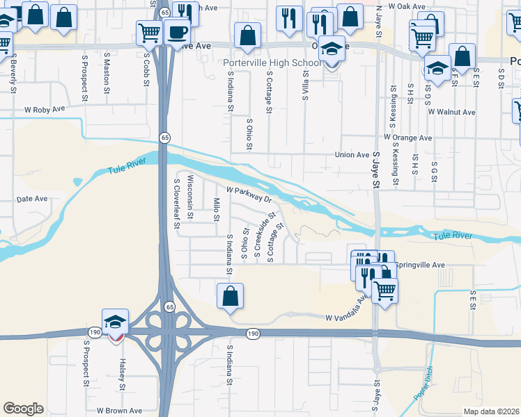 map of restaurants, bars, coffee shops, grocery stores, and more near 714 West River Oak Avenue in Porterville