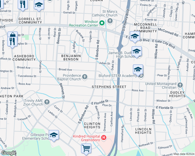 map of restaurants, bars, coffee shops, grocery stores, and more near 1307 South Benbow Road in Greensboro
