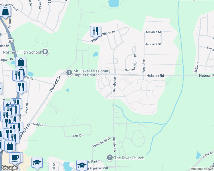 map of restaurants, bars, coffee shops, grocery stores, and more near 1008 Briar Rose Lane in Durham