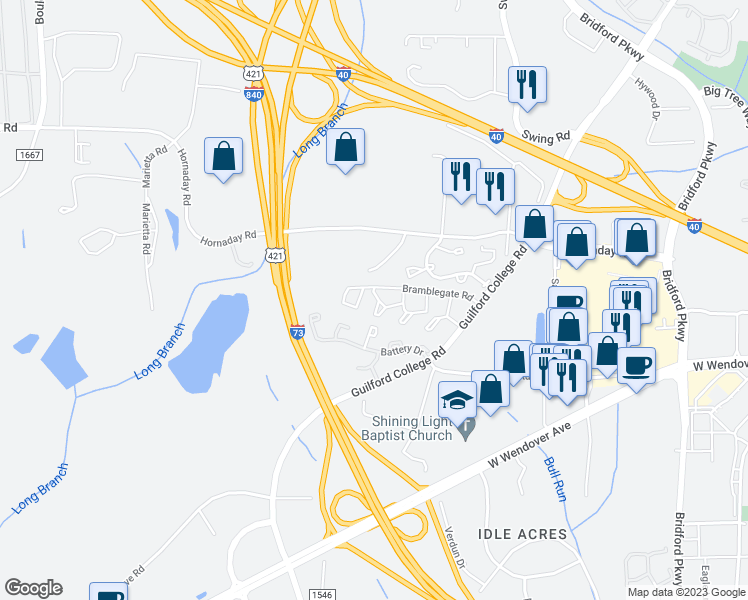 map of restaurants, bars, coffee shops, grocery stores, and more near 5735 Bramblegate Road in Greensboro