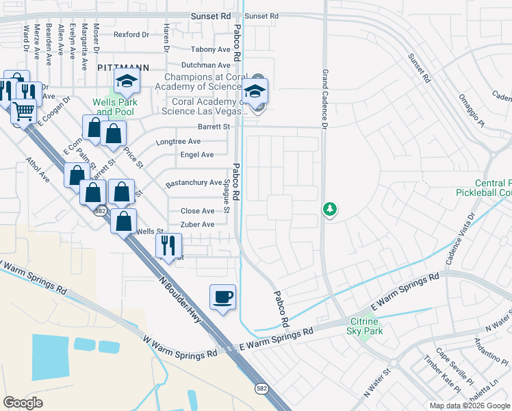 map of restaurants, bars, coffee shops, grocery stores, and more near 1200-1398 Pabco Road in Henderson