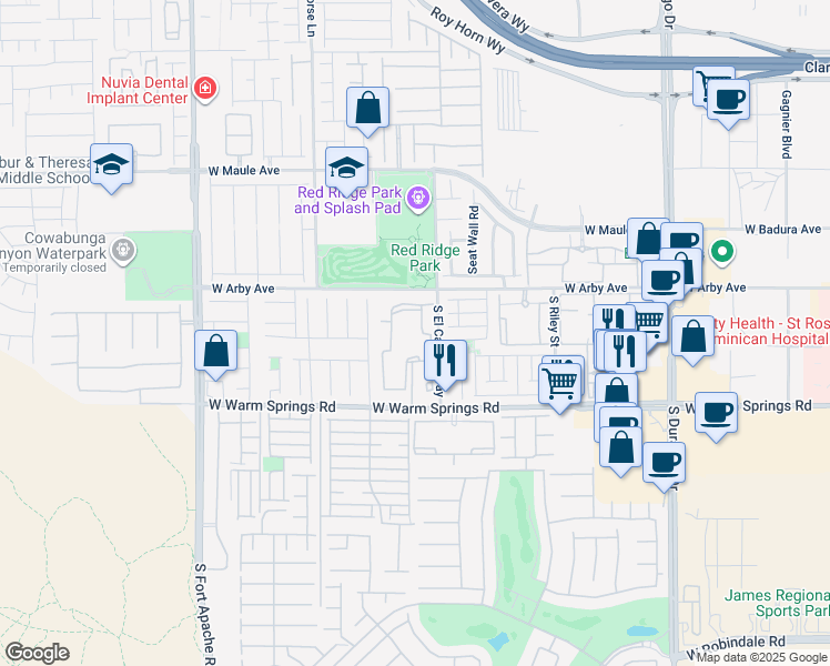 map of restaurants, bars, coffee shops, grocery stores, and more near 9050 West Warm Springs Road in Las Vegas