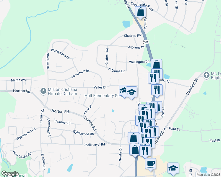 map of restaurants, bars, coffee shops, grocery stores, and more near 430 Valley Drive in Durham